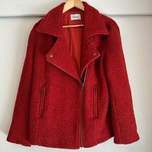 Ganni XS Boucle Vintage Red Wool Blend Teddy Moto Zip Up Oversized Coat Jacket